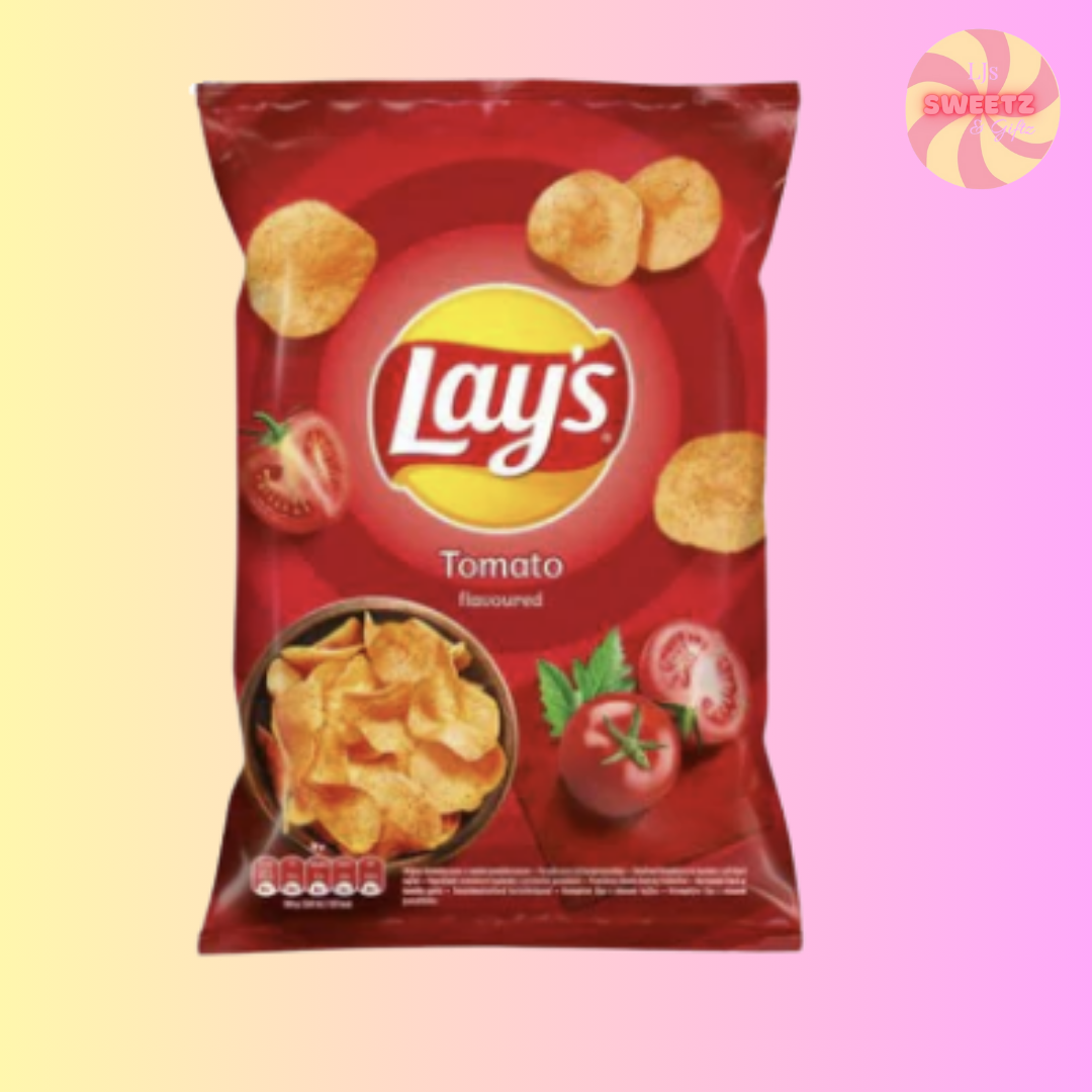 Lay's Tomato flavored chips packet on a gradient background