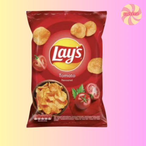 Lay's Tomato flavored chips packet on a gradient background