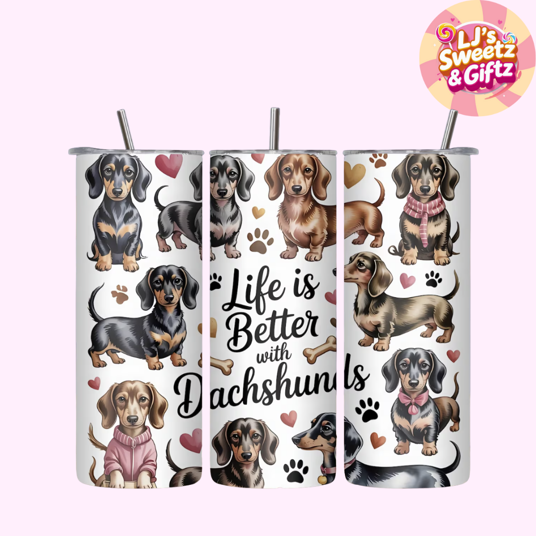 Three tumblers with dachshund illustrations and text on a white background, featuring the brand 'It's Sweetz & Giftz'.