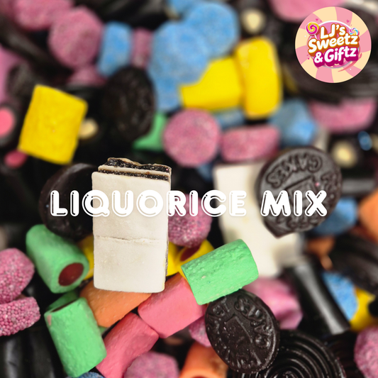 Colorful liquorice mix with a brand logo in the corner
