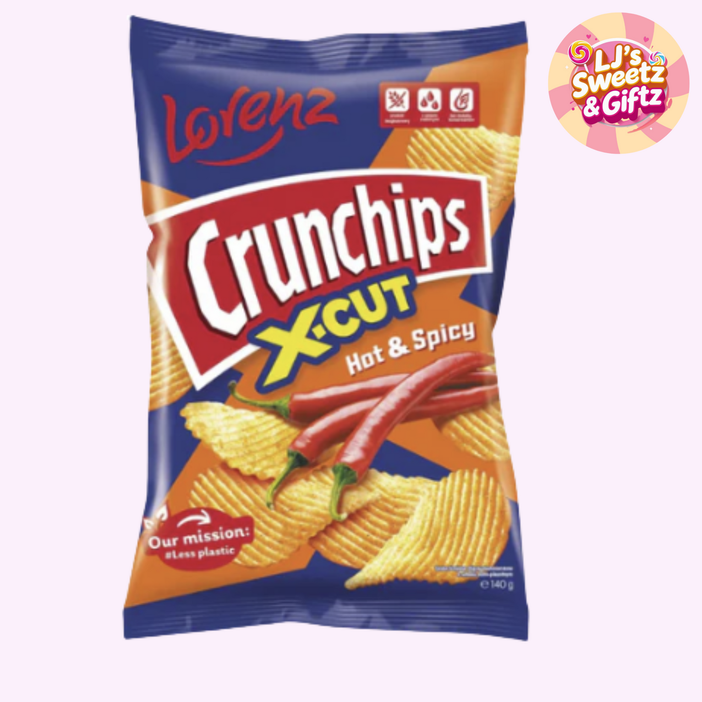 Lorenz Crunchips XCut Hot & Spicy snack packet on a white background