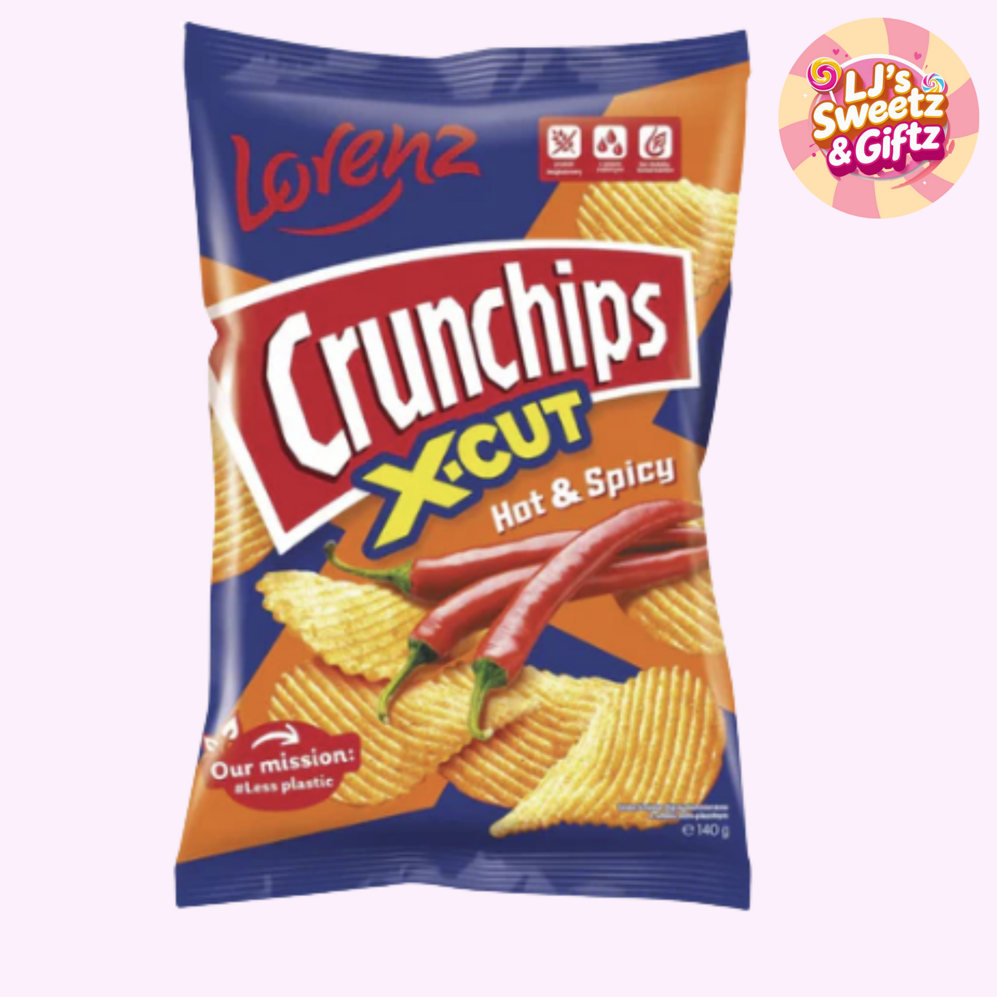 Lorenz Crunchips XCut Hot & Spicy snack packet on a white background