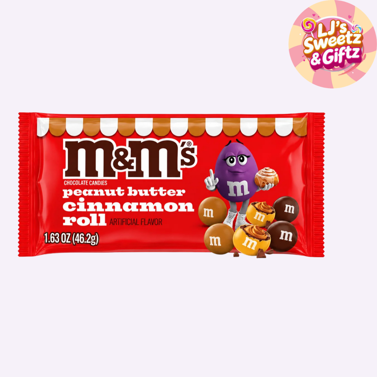 A red wrapper for M&M's Peanut Butter Cinnamon Roll chocolate candies, shown on a light gray background with a 'Li's Sweetz & Giftz' logo in the top right corner.