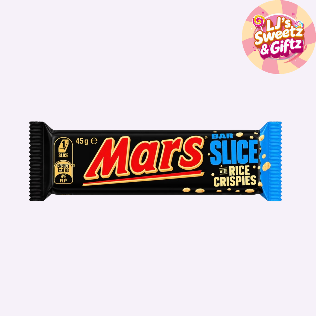A single Mars Bar Slice rice crispies chocolate bar in its black wrapper, shown horizontally against a light gray background. A circular 'LJ's Sweetz & Giftz' logo is visible in the top right corner.