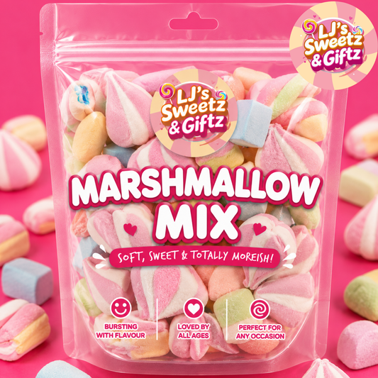 A clear stand-up pouch of LJ's Sweetz & Giftz Marshmallow Mix candy on a bright pink background, with loose pastel marshmallows scattered around and in the background. The package has large white and pink text reading 'MARSHMALLOW MIX' and a circular logo reading 'LJ's Sweetz & Giftz'.