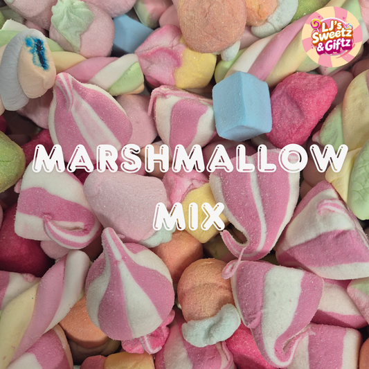Colorful marshmallow mix with 'LJ's Sweetz & Gifts' logo in the corner.