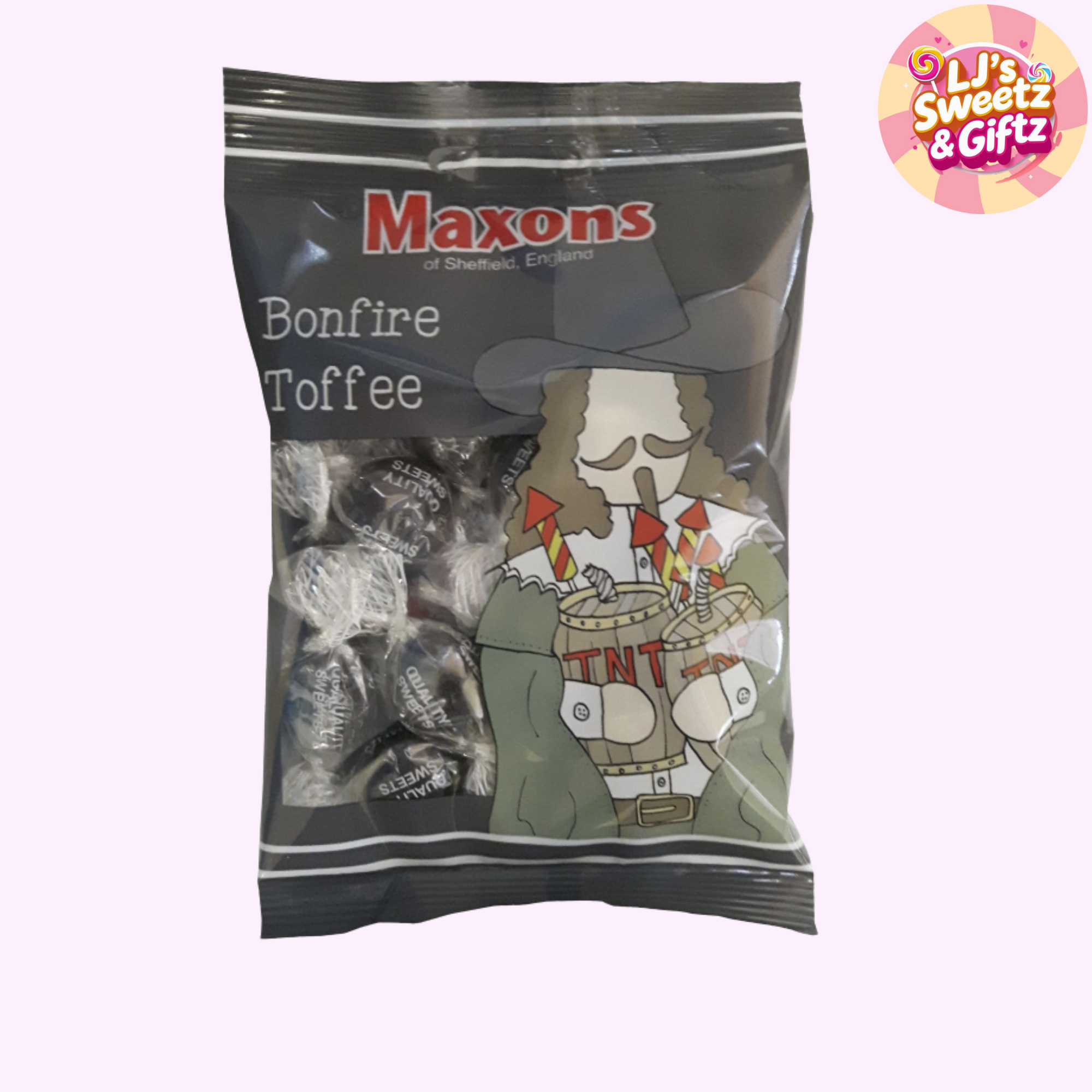 Packaged Maxons Bonfire Toffee with cartoon character on a white background