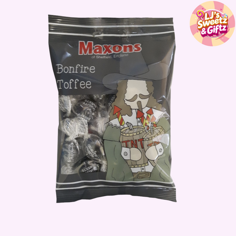 Packaged Maxons Bonfire Toffee with cartoon character on a white background