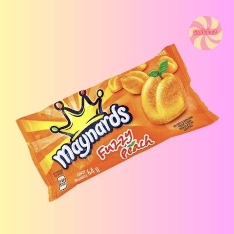 Maynards Fuzzy Peach candy package on a gradient background