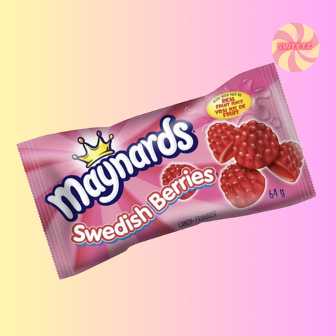 Maynards Swedish Berries candy package on a pink and yellow gradient background