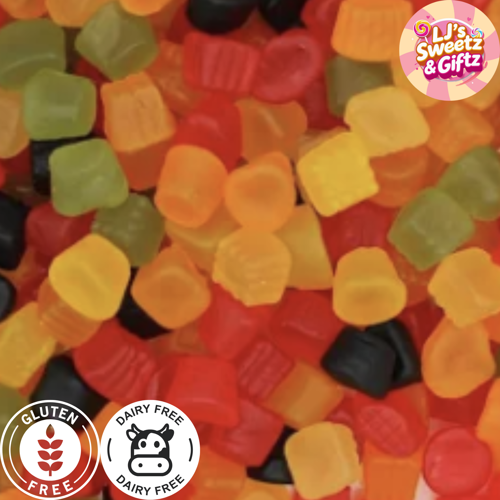 Assorted colorful gummy candies with 'LJ's Sweetz & Giftz' branding and dietary labels.