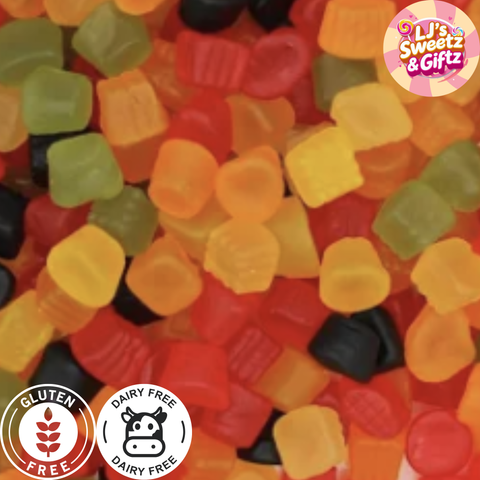 Assorted colorful gummy candies with 'LJ's Sweetz & Giftz' branding and dietary labels.