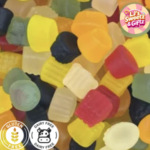 Colorful gummy candies with 'LJ's Sweetz & Gifz' logo and gluten-free and dairy-free symbols.