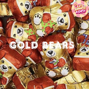 Gold and red foil-wrapped bears with 'LJ's Sweetz & Giftz' branding.