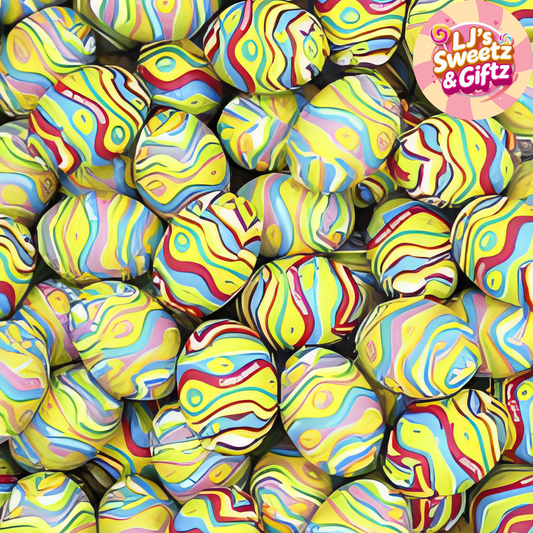Colourful swirled chocolate eggs with a visible brand logo in the corner.