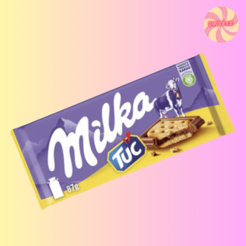 Milka Tuc chocolate bar packaging on a gradient background