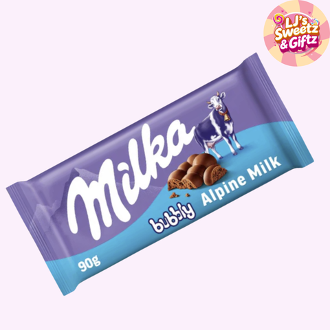 Milka bubbly Alpine Milk chocolate bar packaging on a white background