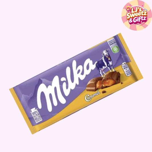 Milka Caramel chocolate bar packaging on a white background