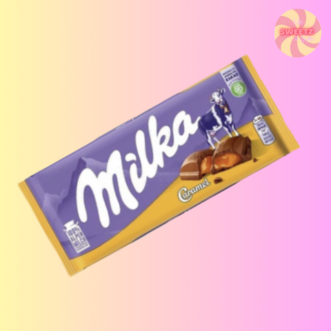 Milka Caramel chocolate bar packaging on a gradient background