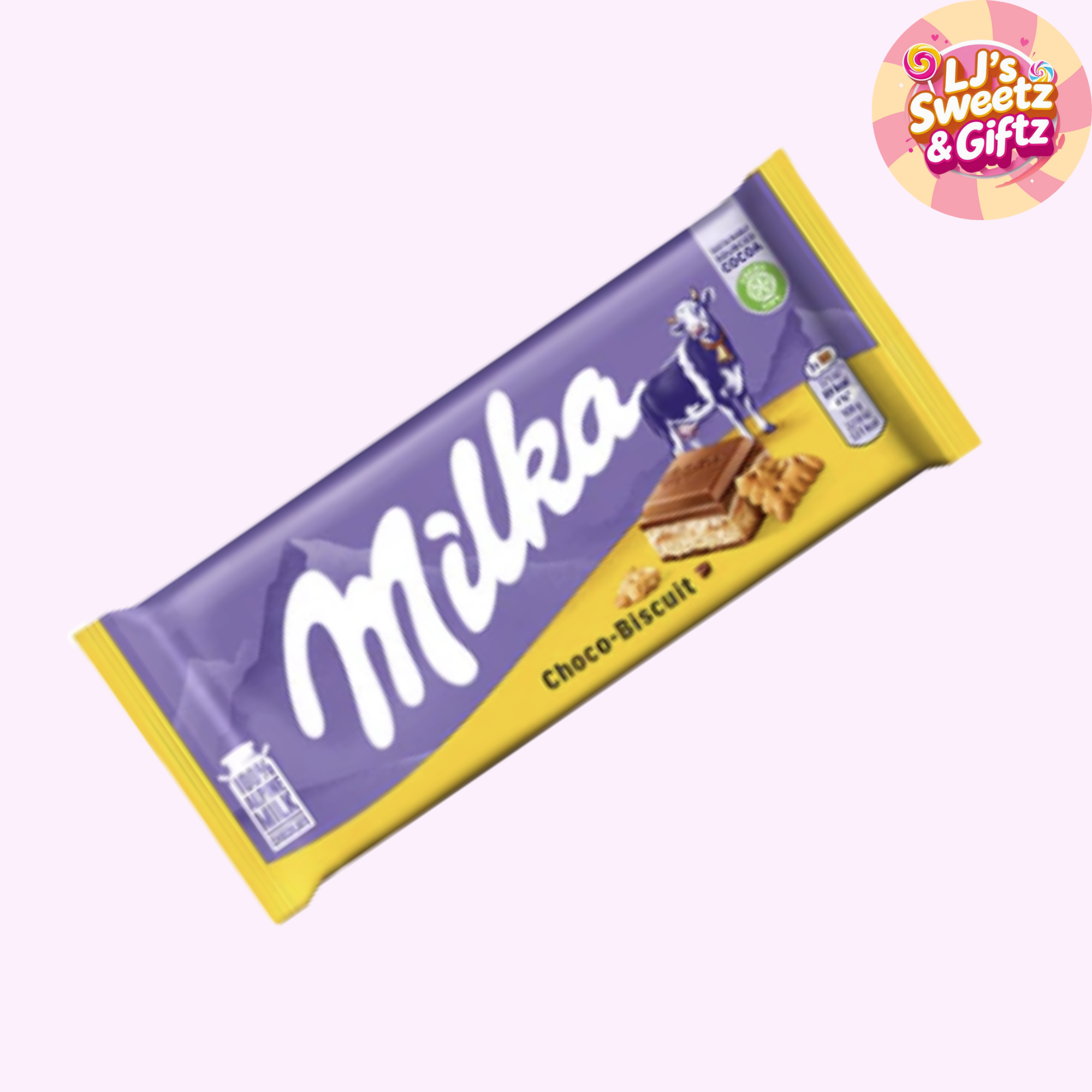Milka chocolate bar packaging with a purple and yellow design on a white background.