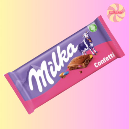 Milka Confetti chocolate bar packaging on a gradient background