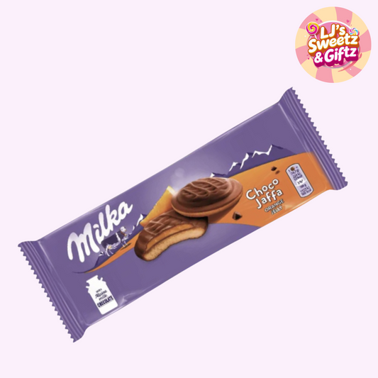 Milka Choco Jaffa chocolate bar packaging on a white background with 'LJ's Sweet & Giftz' logo.