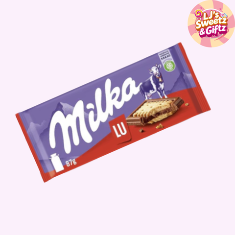 Milka chocolate bar packaging on a white background with 'LJ's Sweetz & Giftz' logo.