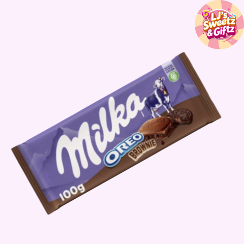 Milka Oreo Brownie chocolate bar packaging on a white background