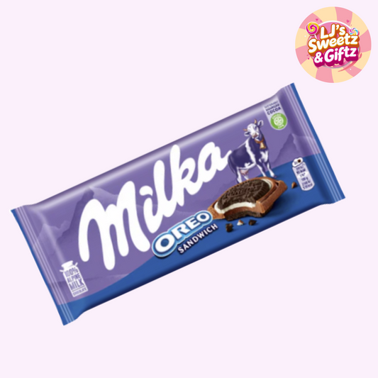 Milka Oreo Sandwich chocolate bar packaging on a white background