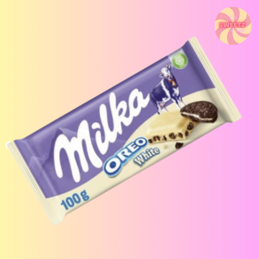 Milka Oreo White chocolate bar packaging on a pastel gradient background