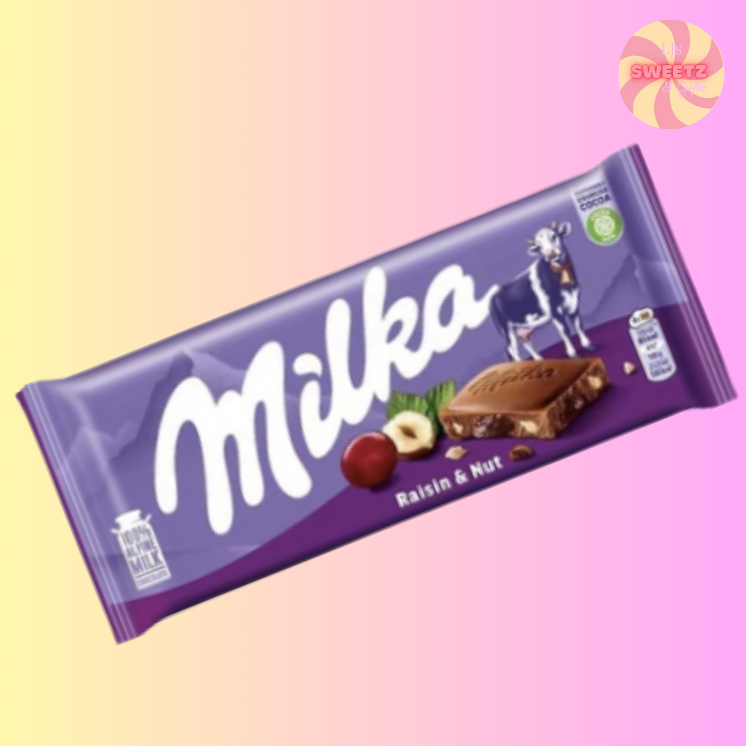 Milka Raisin & Nut chocolate bar packaging on a gradient background
