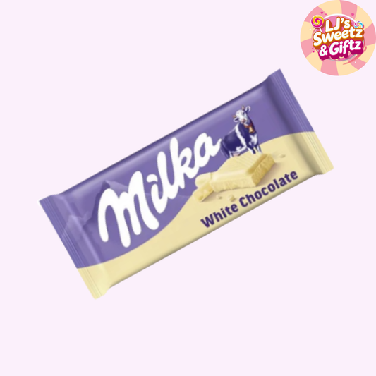 Milka white chocolate bar packaging on a white background