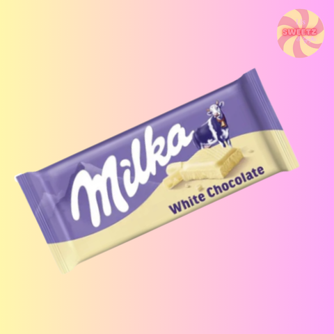 Milka white chocolate bar packaging on a pastel gradient background