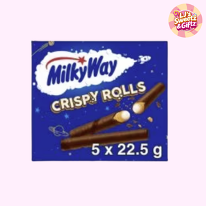 Milky Way Crispy Rolls packaging with blue background and Milky Way logo. LJs sweetz Giftz