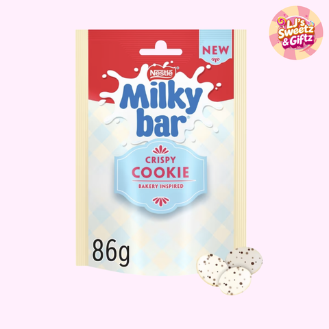 Milky Bar Crispy Cookie packaging with Nestle logo on a white background. LJs Sweetz Giftz