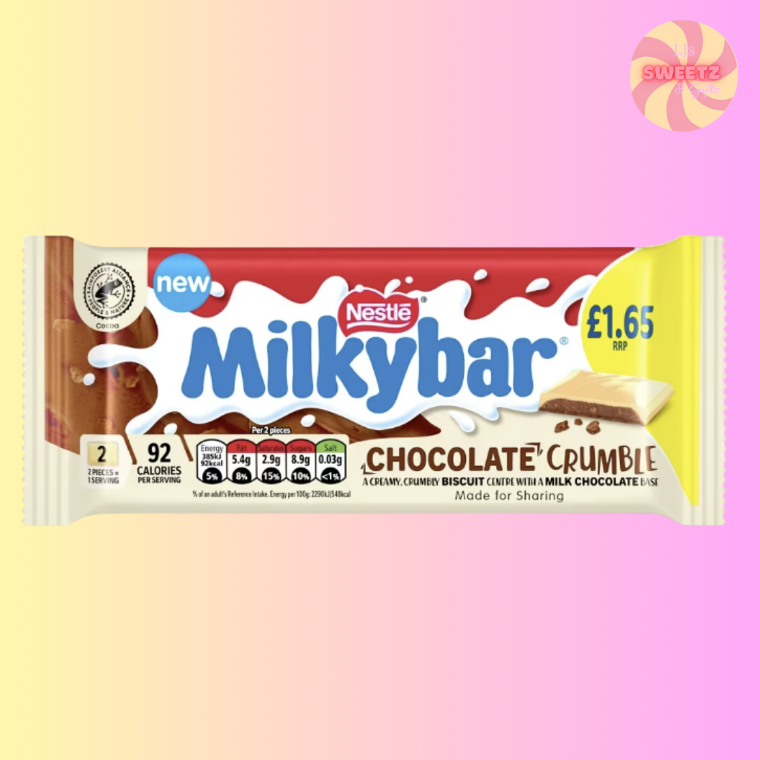 Nestle Milkybar Chocolate Crumble bar packaging on a pastel gradient background
