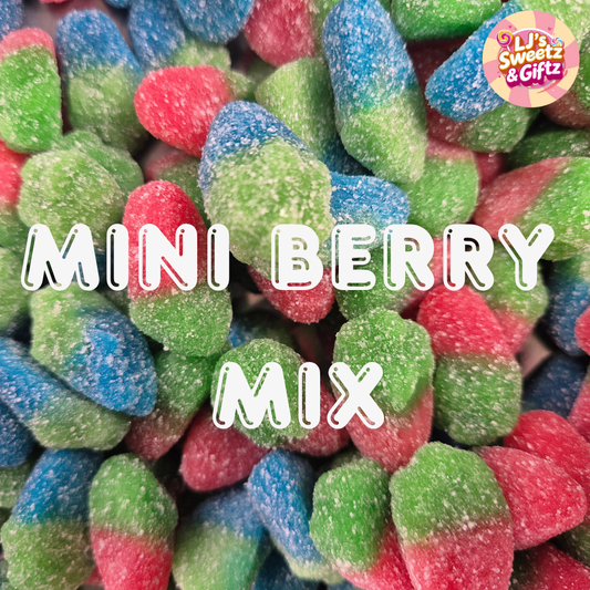 Colorful mini berry mix gummy candies with 'LJ's Sweetz & Gifts' logo.