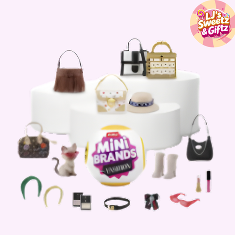 Miniature fashion accessories on a white table with 'Mini Brands' branding.
