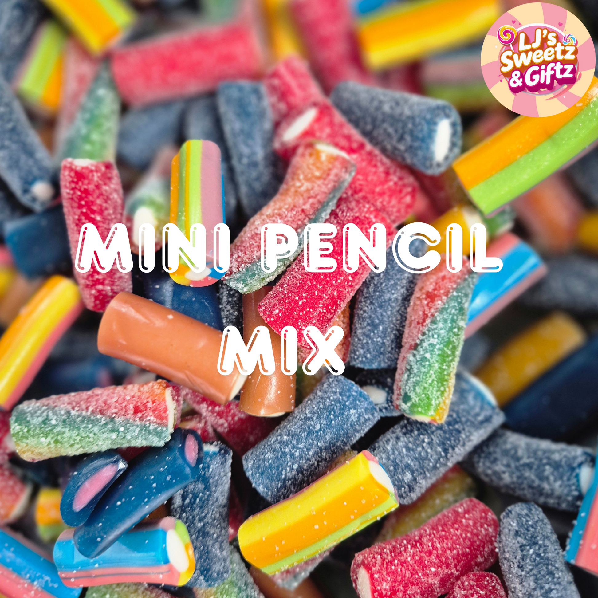 Colorful mini pencil-shaped gummy candies with 'LJ's Sweetz & Giftz' branding.