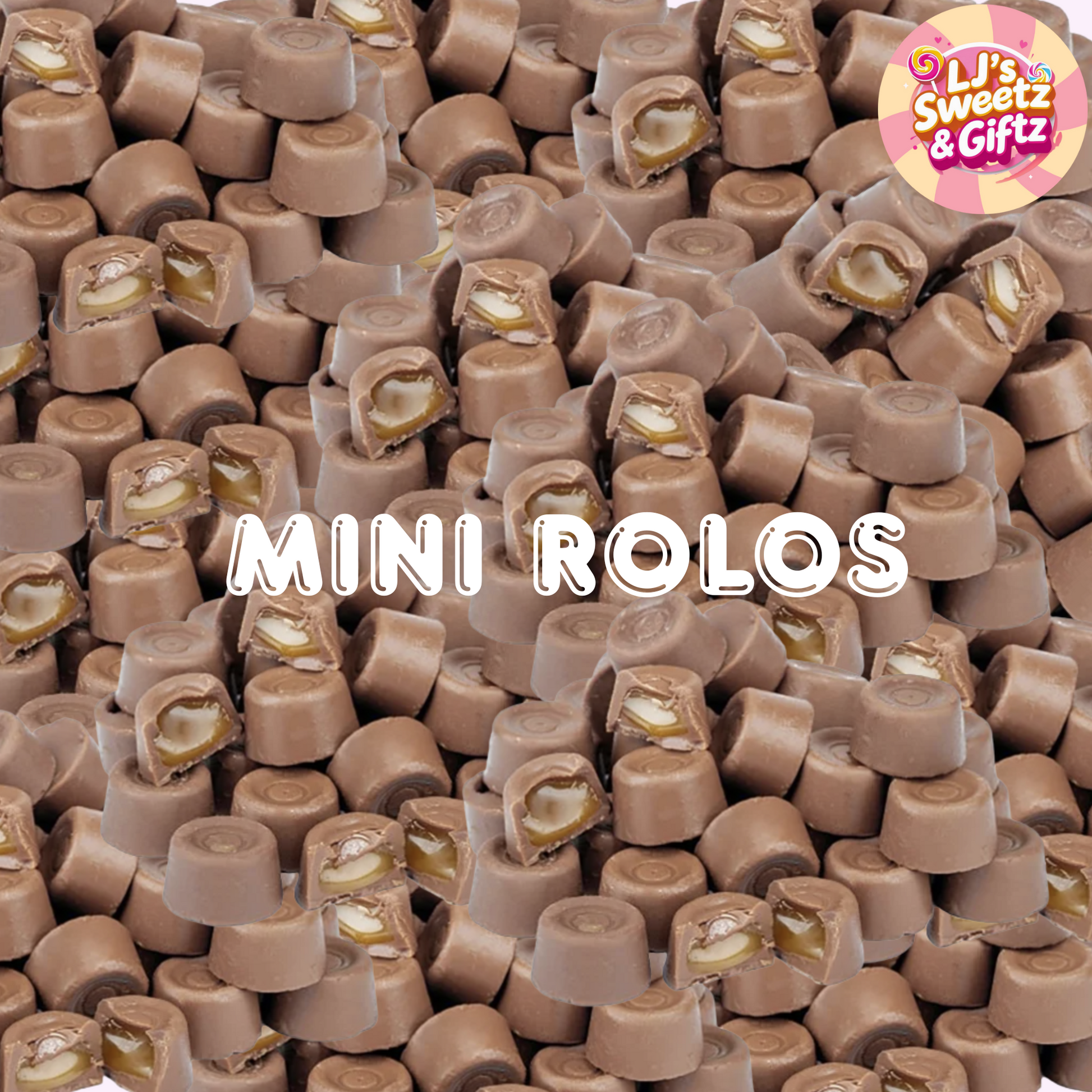 Pile of Mini Rolos with 'LJ's Sweetz & Gifz' logo in the corner.