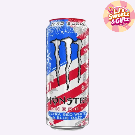 A can of Monster Energy drink with an American flag-inspired red, white, and blue design, featuring the iconic claw logo. The can is set against a light gray background with a 'LJ's Sweetz & Giftz' logo in the top right corner.