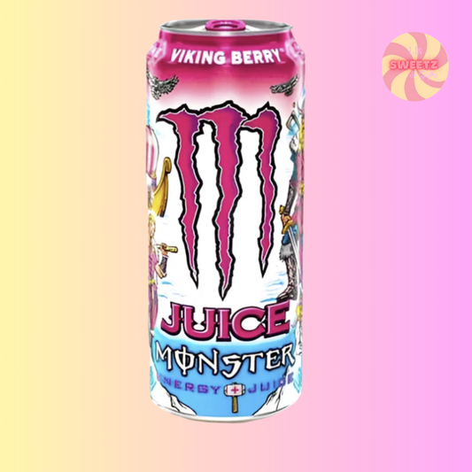 Monster Energy drink can with 'Viking Berry' flavor on a gradient background