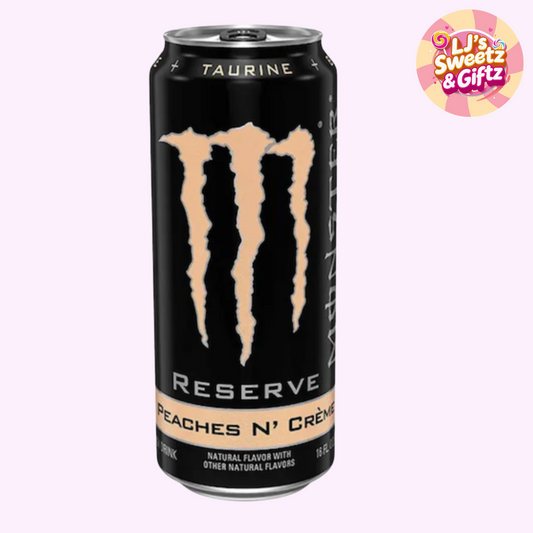 Monster Reserve Peaches N' Crema energy drink can on a white background with a brand logo in the corner.