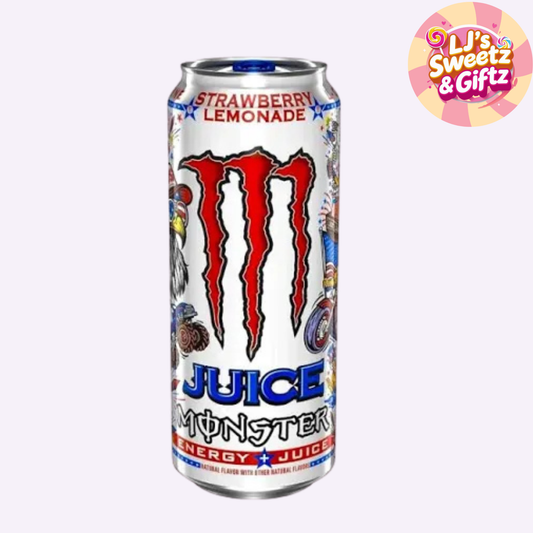 A can of Monster Juice Energy Drink in Strawberry Lemonade flavor, featuring the iconic red claw logo on a white background with colorful cartoon graphics. A 'Li's Sweetz & Giftz' logo is visible in the top right corner.