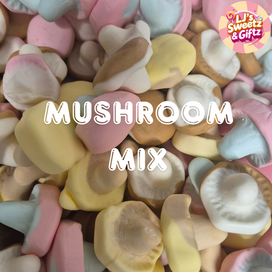 Mushroom-shaped candies in various colors with 'LJ's Sweetz & Giftz' branding.