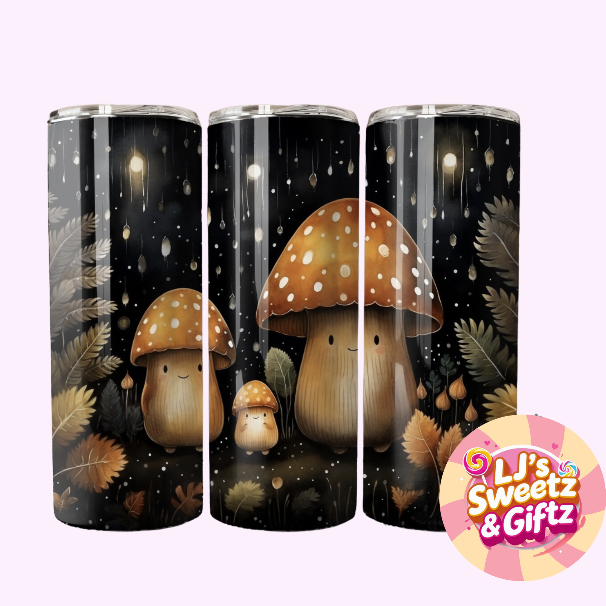Three tumbler designs with cartoon mushrooms on a black background, featuring the brand 'L's Sweetz & Giftz'.