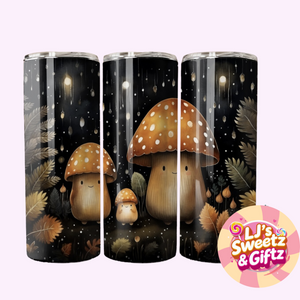 Three tumbler designs with cartoon mushrooms on a black background, featuring the brand 'L's Sweetz & Giftz'.