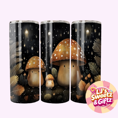 Three tumbler designs with cartoon mushrooms on a black background, featuring the brand 'L's Sweetz & Giftz'.