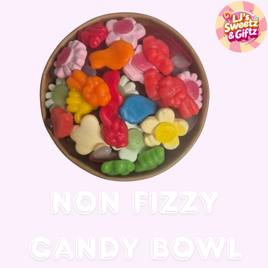 Colorful candy bowl with 'LJ's Sweetz & Giftz' branding on a light pink background.
