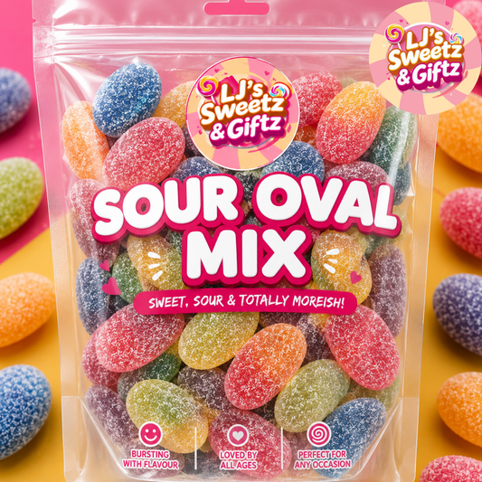 A clear plastic bag of Li's Sweetz & Giftz Sour Oval Mix gummy candies, filled with colorful, sugar-coated oval gummies, set against a bright pink and yellow background with more candies scattered around.